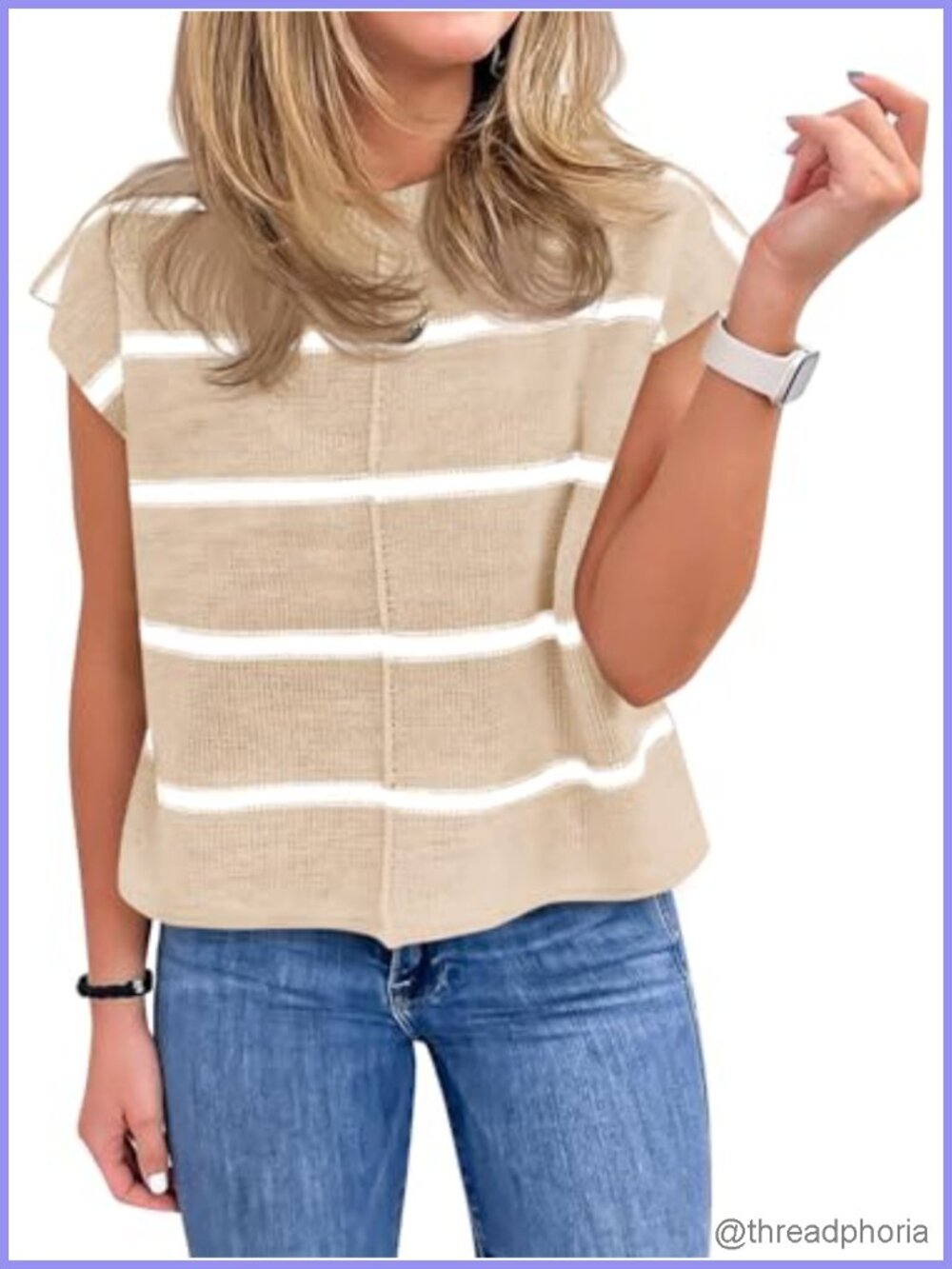 Striped Cap Sleeve Knit Sweater Vest Loose Fit Crew Neck Pullover Lightweight